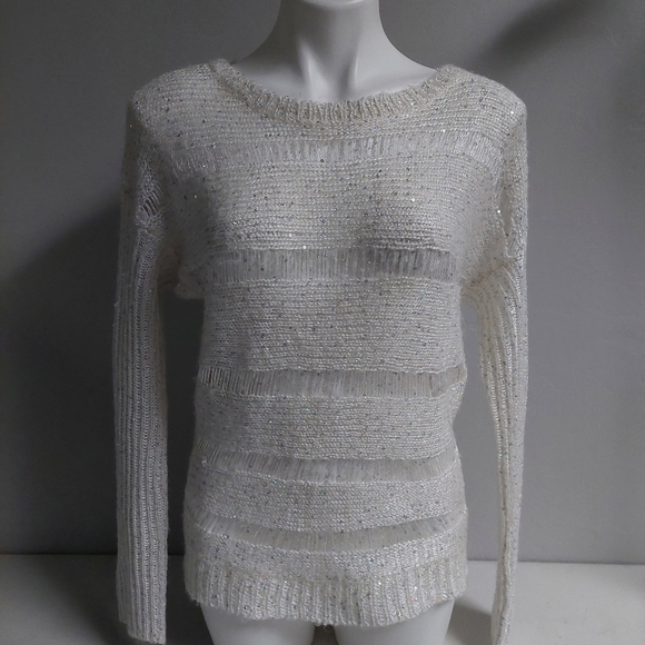 Guess Cream Knit‎ Top Sequin Long Sleeve Ribbed Scoop Neck Size XS Delicate Look - Picture 1 of 10